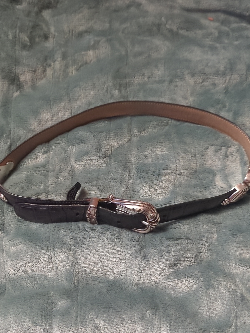 59-Black Croc-Embossed Leather Belt with Silver Buckle. Small size. Pre-loved.